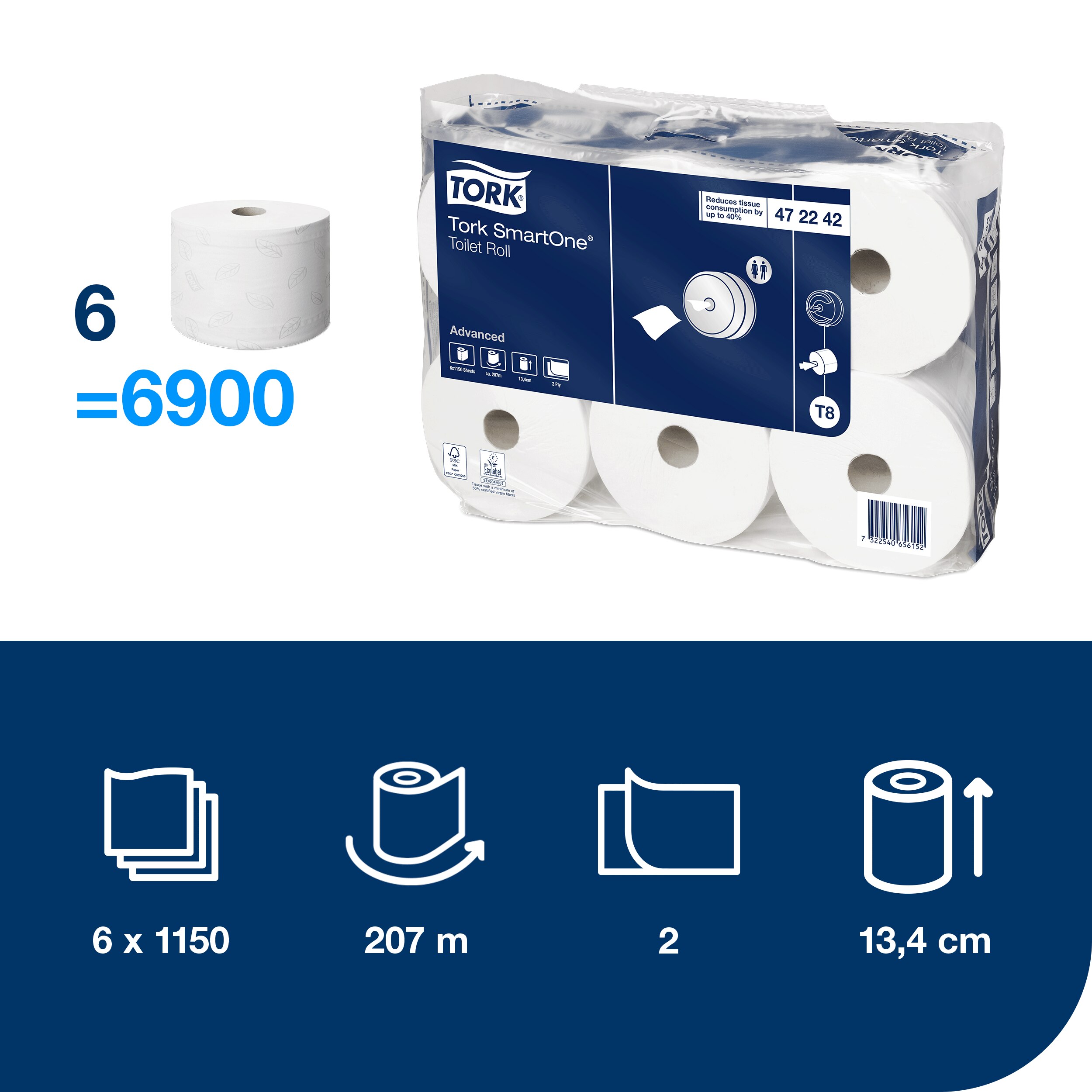 Toilet paper roll SmartOne 2-ply, 207 m roll, white.