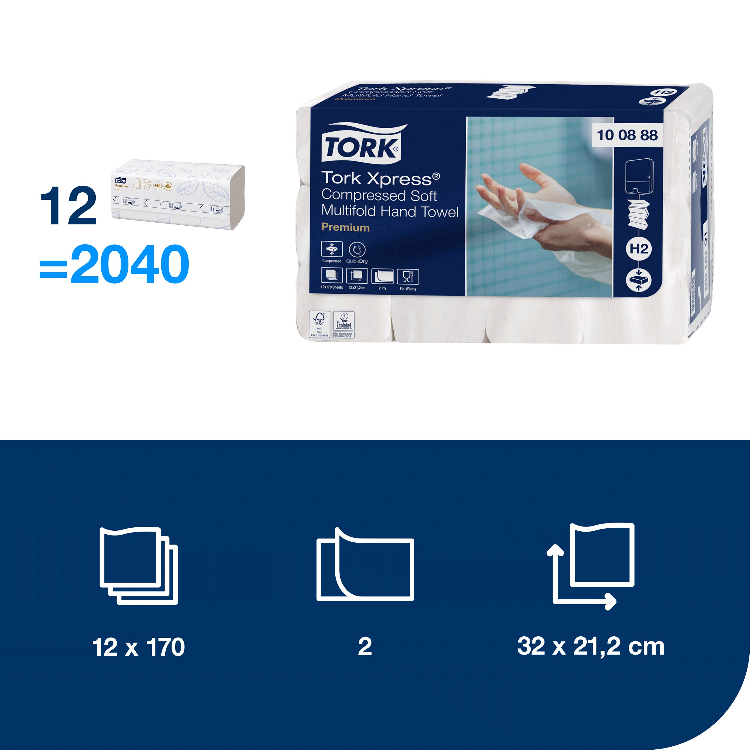 Tork Xpress Multifold Premium 2-ply H2 paper towels, 170 sheets, 21.2 x 32 cm.