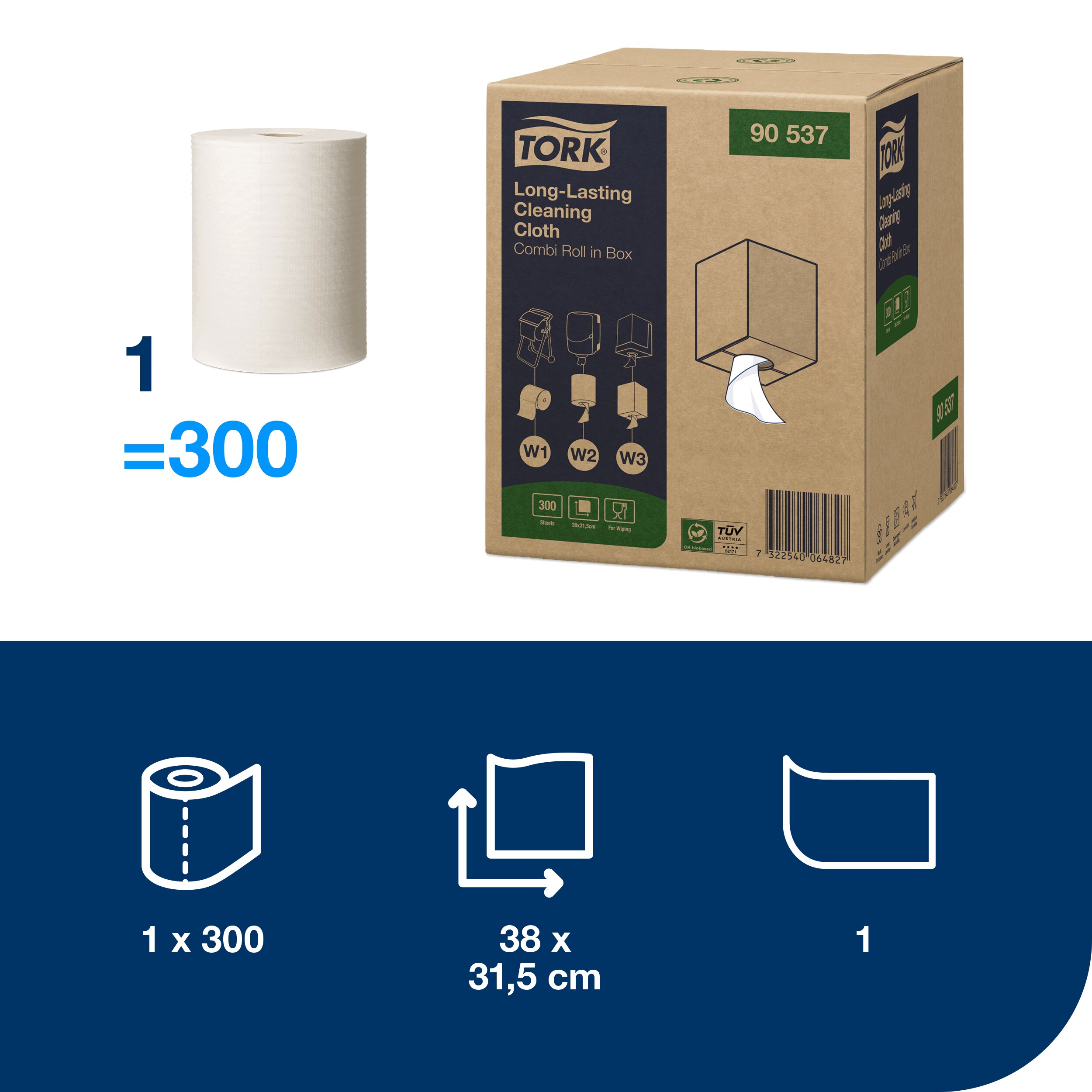 Tork Long-Lasting Nonwoven Cleaning Wipes 1-ply, 25 cm, 114 m, 300 pieces, white