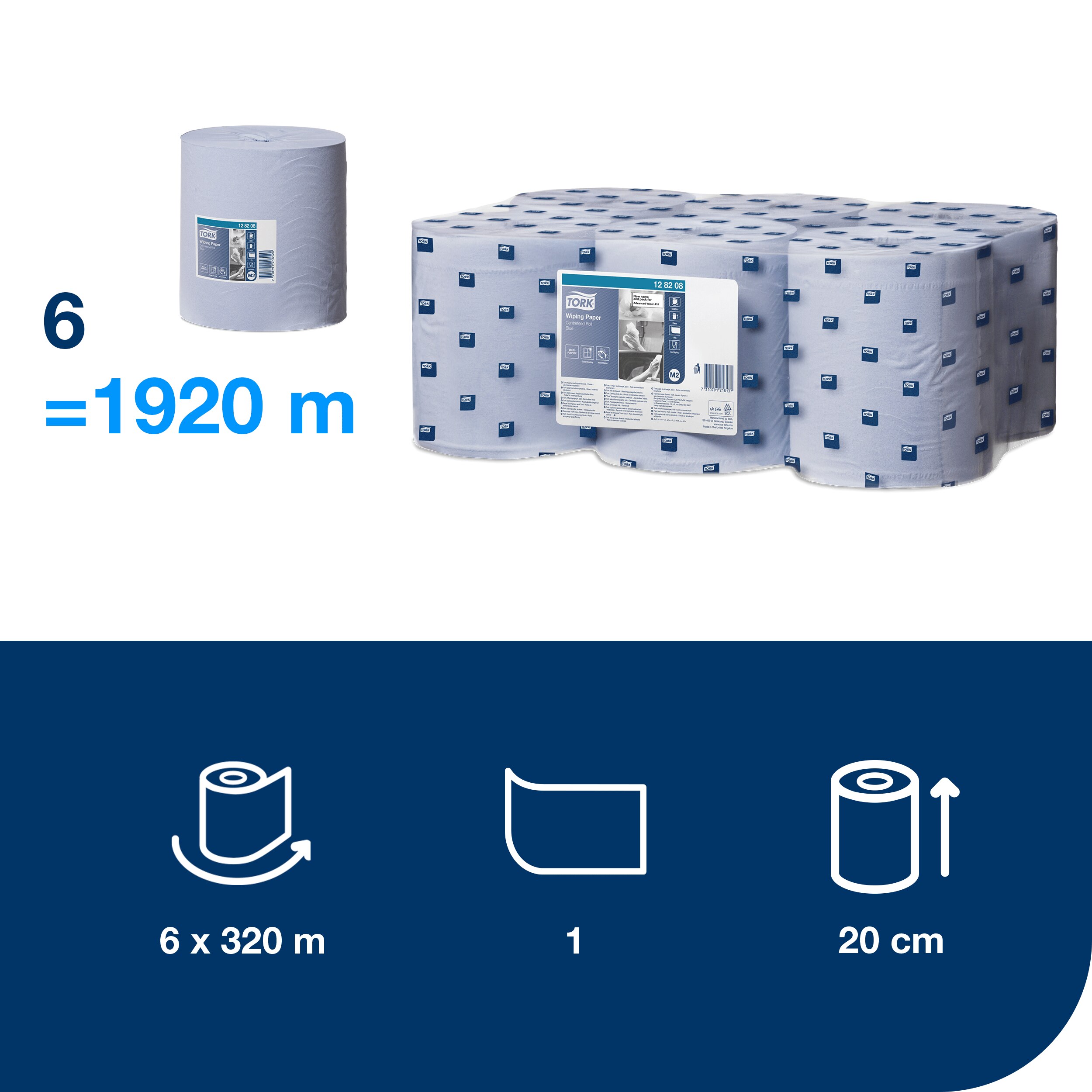 Paper towel roll, 1-ply, blue, M2, 19 cm / 320 m