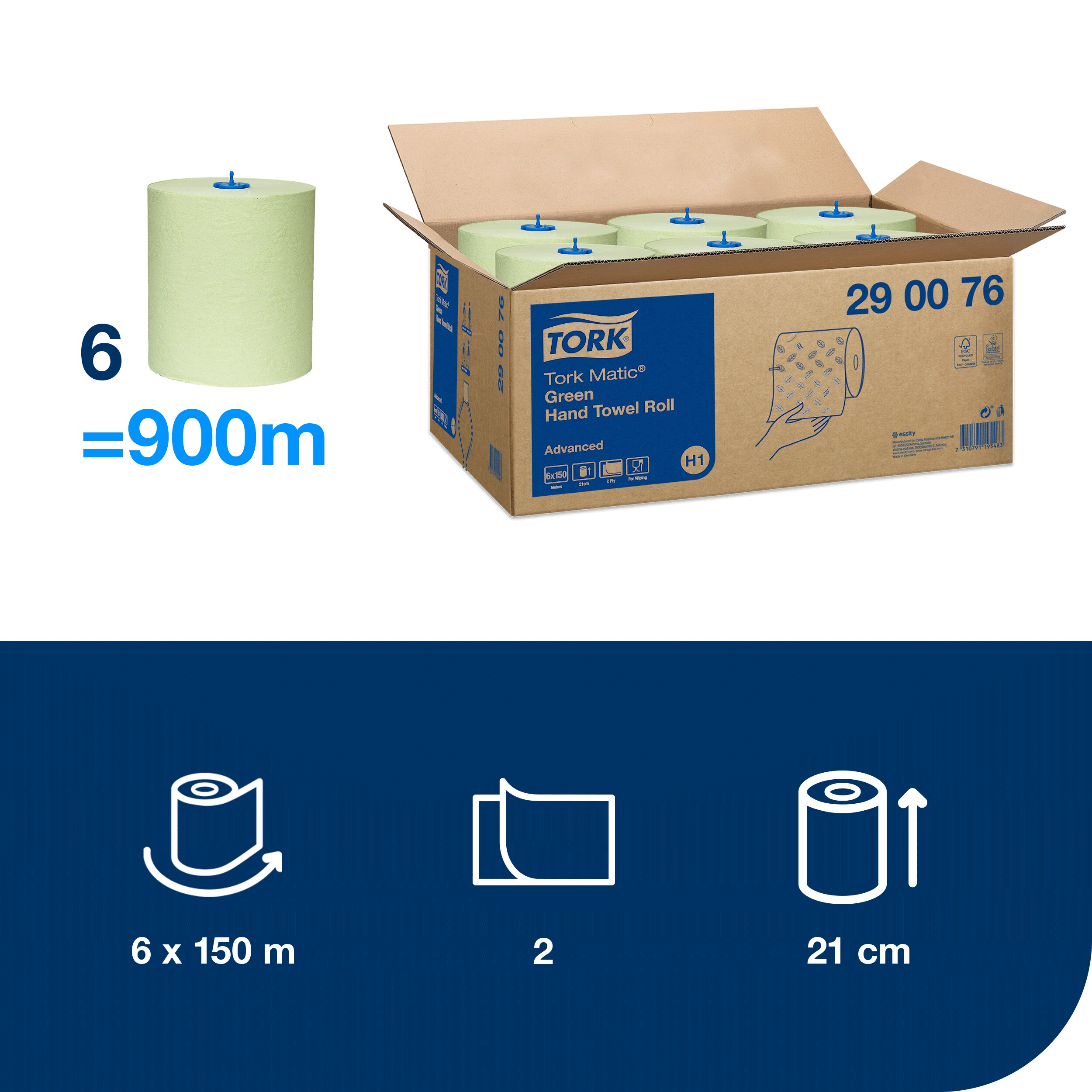 Tork Matic Advanced paper towels in roll, 2 ply, H1, 19 cm / 150 m, 600 pieces, green