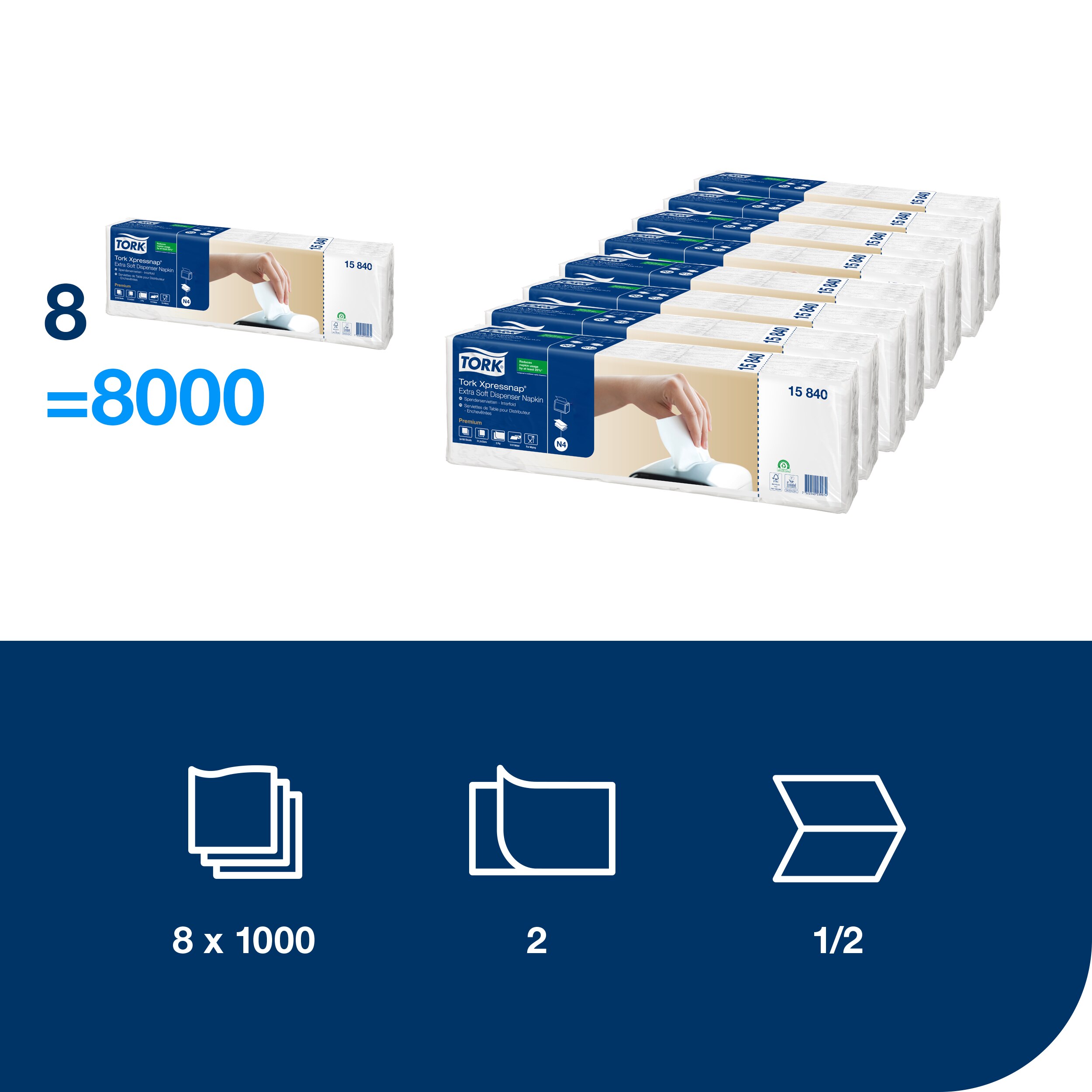 Tork Xpressnap dispenser napkins, 21.6 x 33 cm, 2-ply, N4, white, 500 pcs.