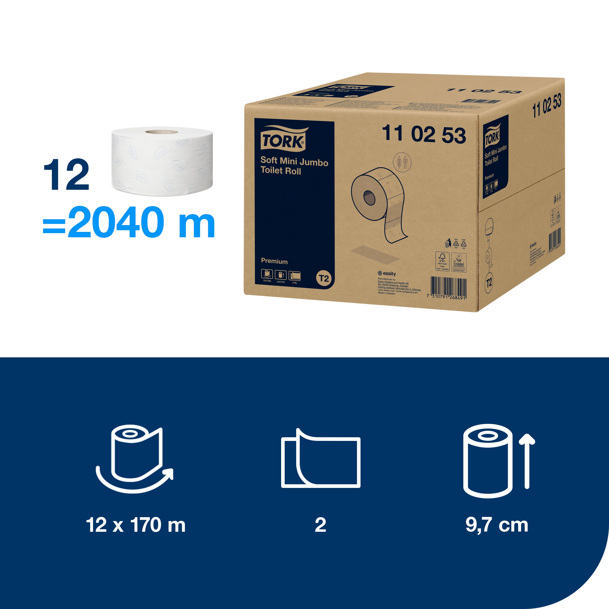 Toilet paper JUMBO Premium MINI 2-ply, roll 170m, number of pieces 850, color white,
