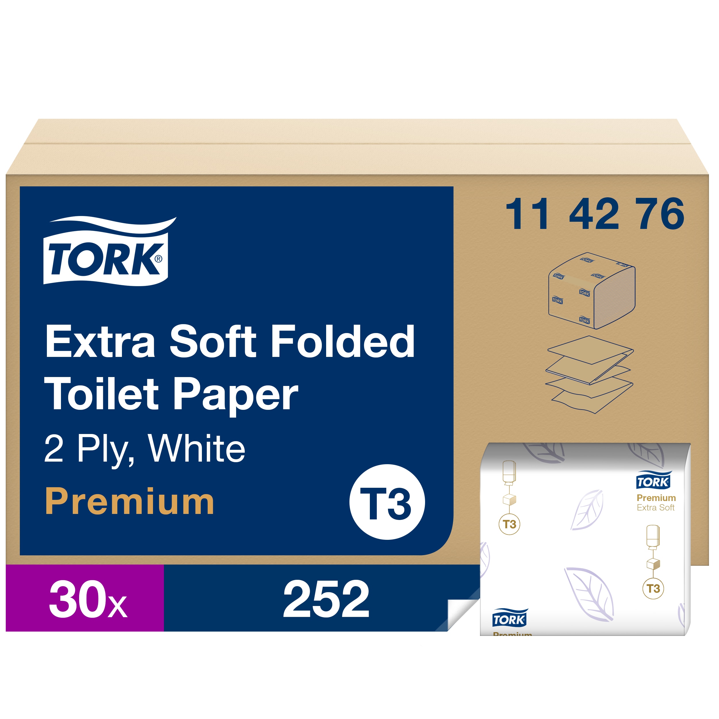 Toilet paper FOLDET Premium T3, folded, 2-ply, white.