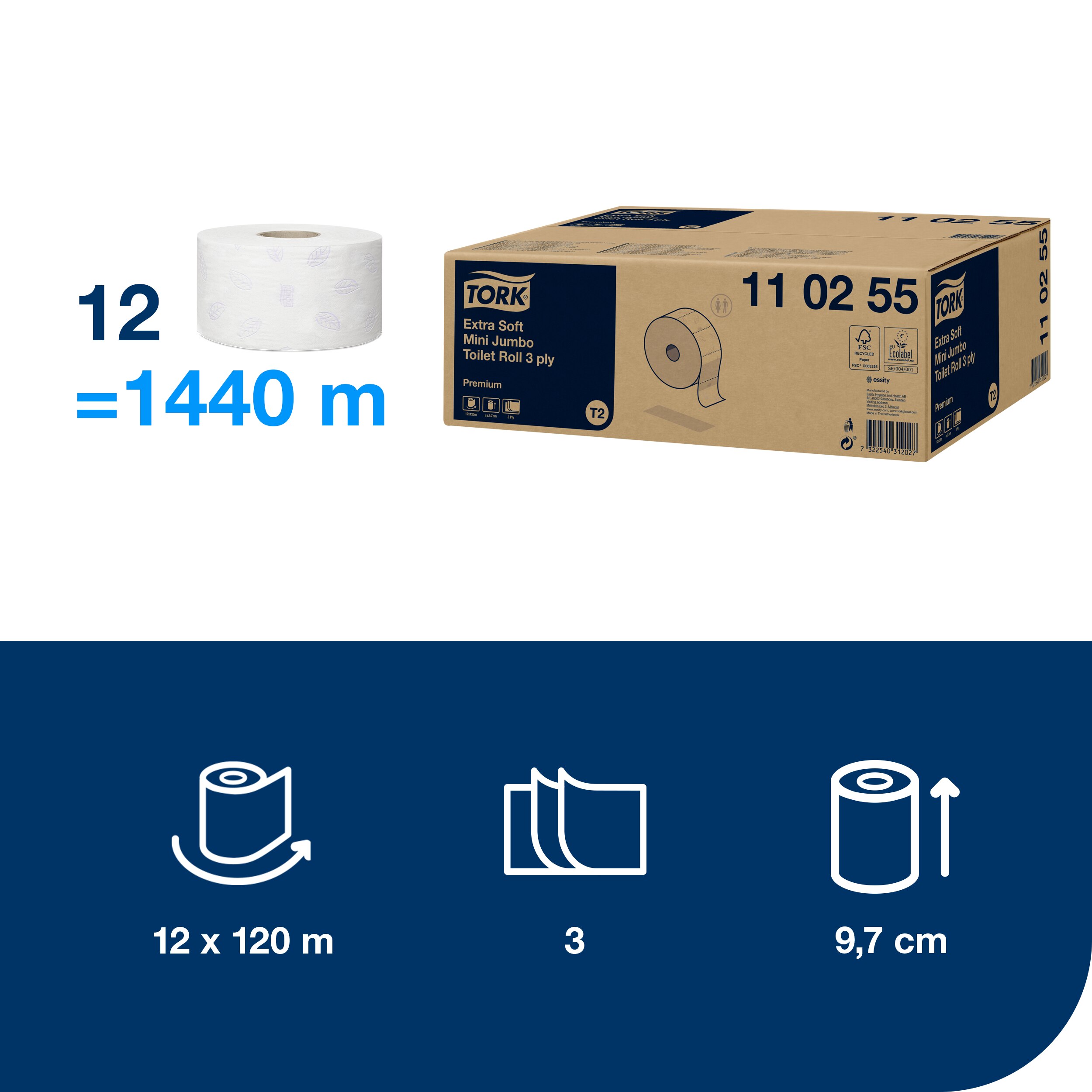 Toilet paper JUMBO MINI Premium 3-ply, roll 120 m, white