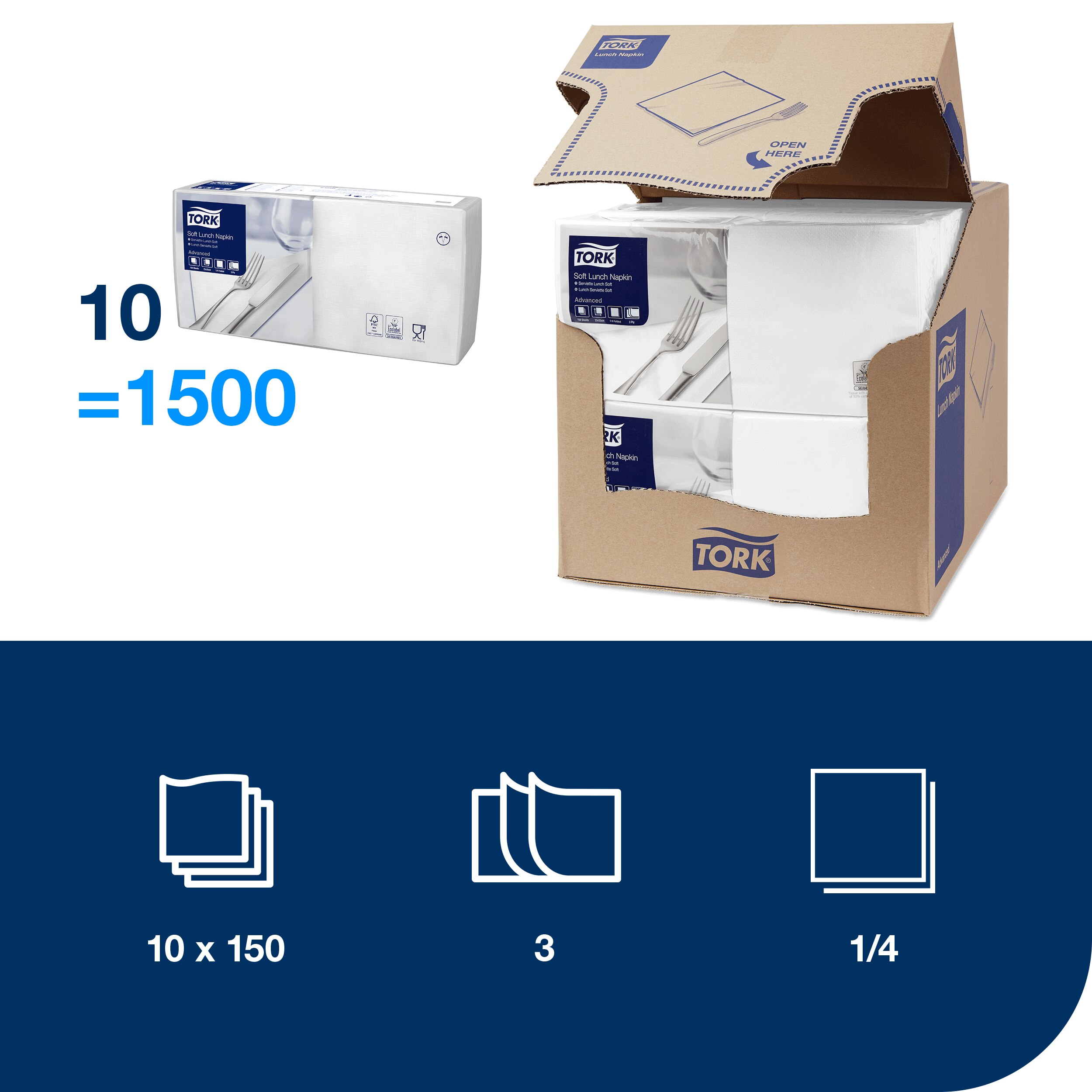 Paper napkins 33 x 33 cm, 3-ply, white, 150 pcs.
