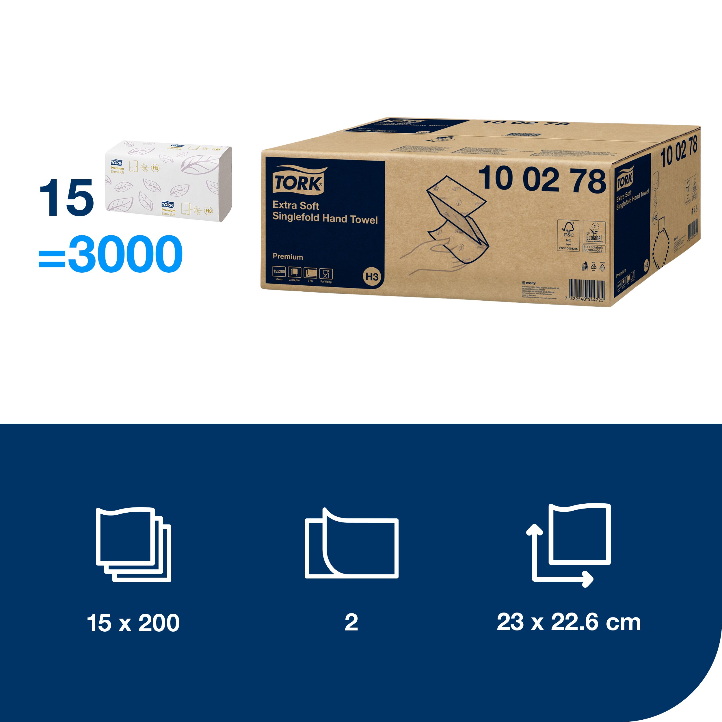 Singlefold extra fine Premium 2-ply paper towels, H3, 22.6 x 23 cm, 200 towels, white