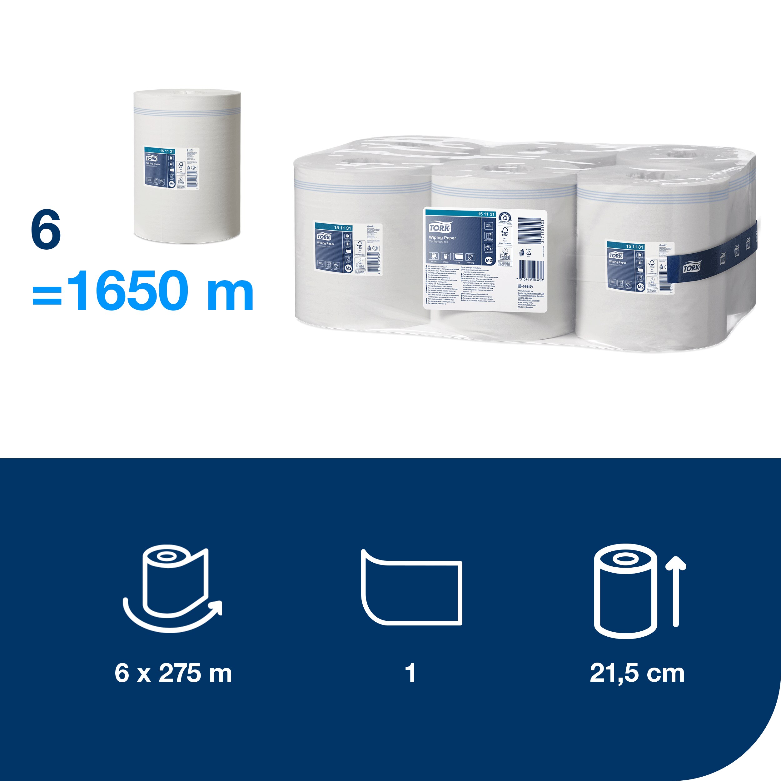 Tork paper towel roll with center unwinding 1-ply, 19 cm / 275 m, M2, white