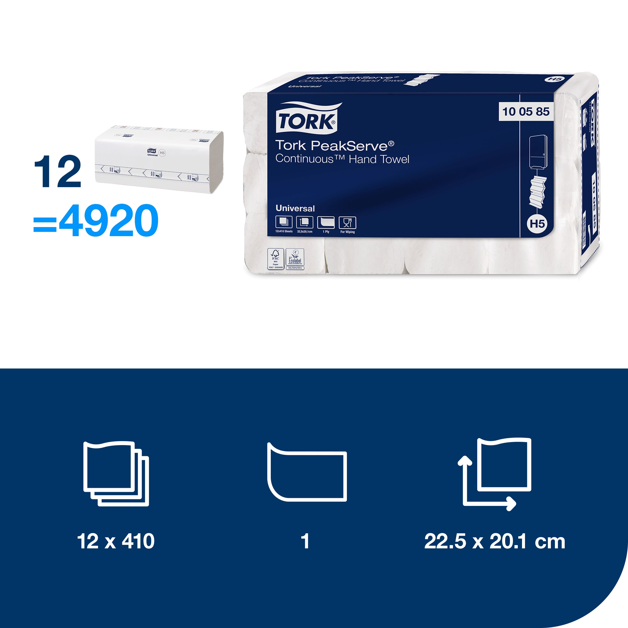 PeakServe paper towels, 1-ply, H5, 20.1 x 22.5cm, 12 x 410 pcs = 4,920 pcs of towels, white