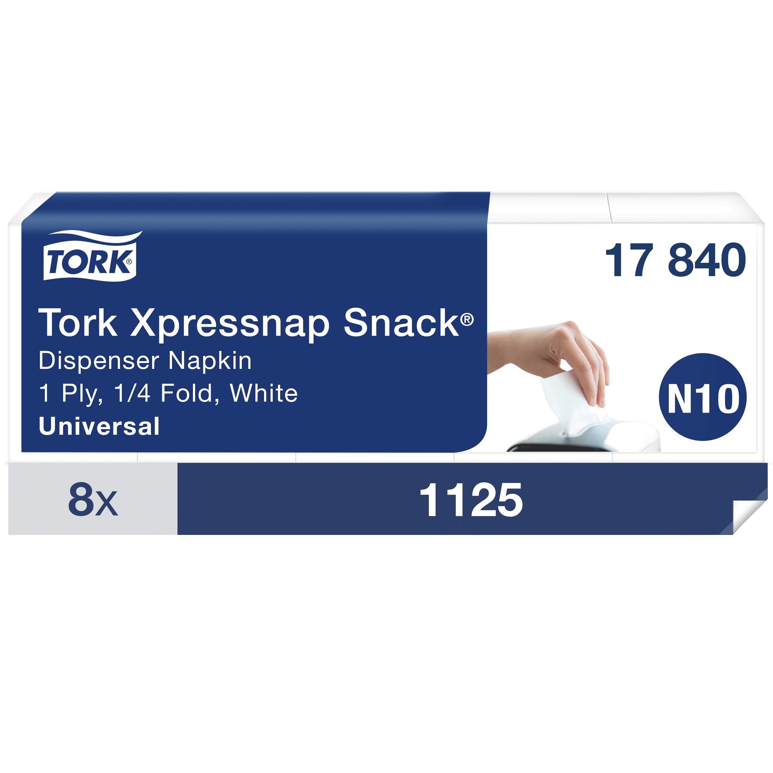Tork Xpressnap Snack Napkins 21.6 x 21.6 / 5 x 225, 1-ply, dispenser N10, white
