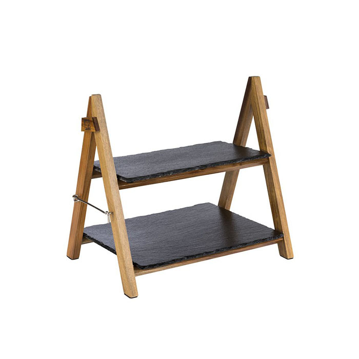 stojan servírovací, 2-patrový 36,5 cm, v. 26,5 a 34 cm, dřevo/břidlice