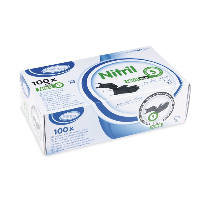 Nitrilové rukavice velikost S, 100 ks černé, nepudrované.