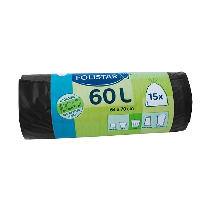 Garbage bags 60 l black 15 pcs drawstringable / 67x41 cm LDPE 20 my