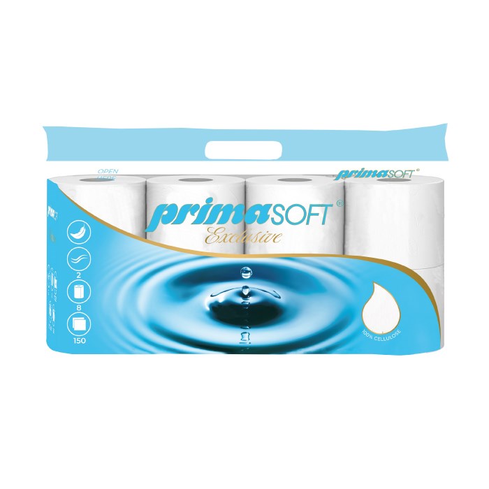 Toaletní papír PRIMA SOFT EXCLUSIVE, 2vrstvý 150 útržků, šíře 9 cm, návin 17,55 m, 8 ks