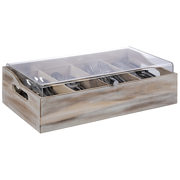 Cutlery box with cover 51 x 28 cm, h: 14,5 cm acacia wood, white acrylic cover