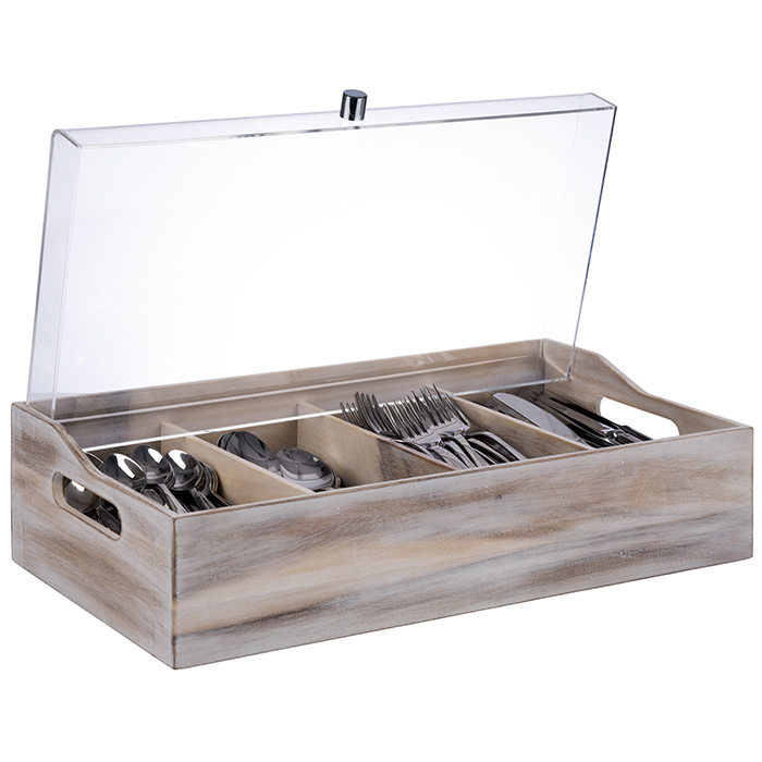 Cutlery box with cover 51 x 28 cm, h: 14,5 cm acacia wood, white acrylic cover