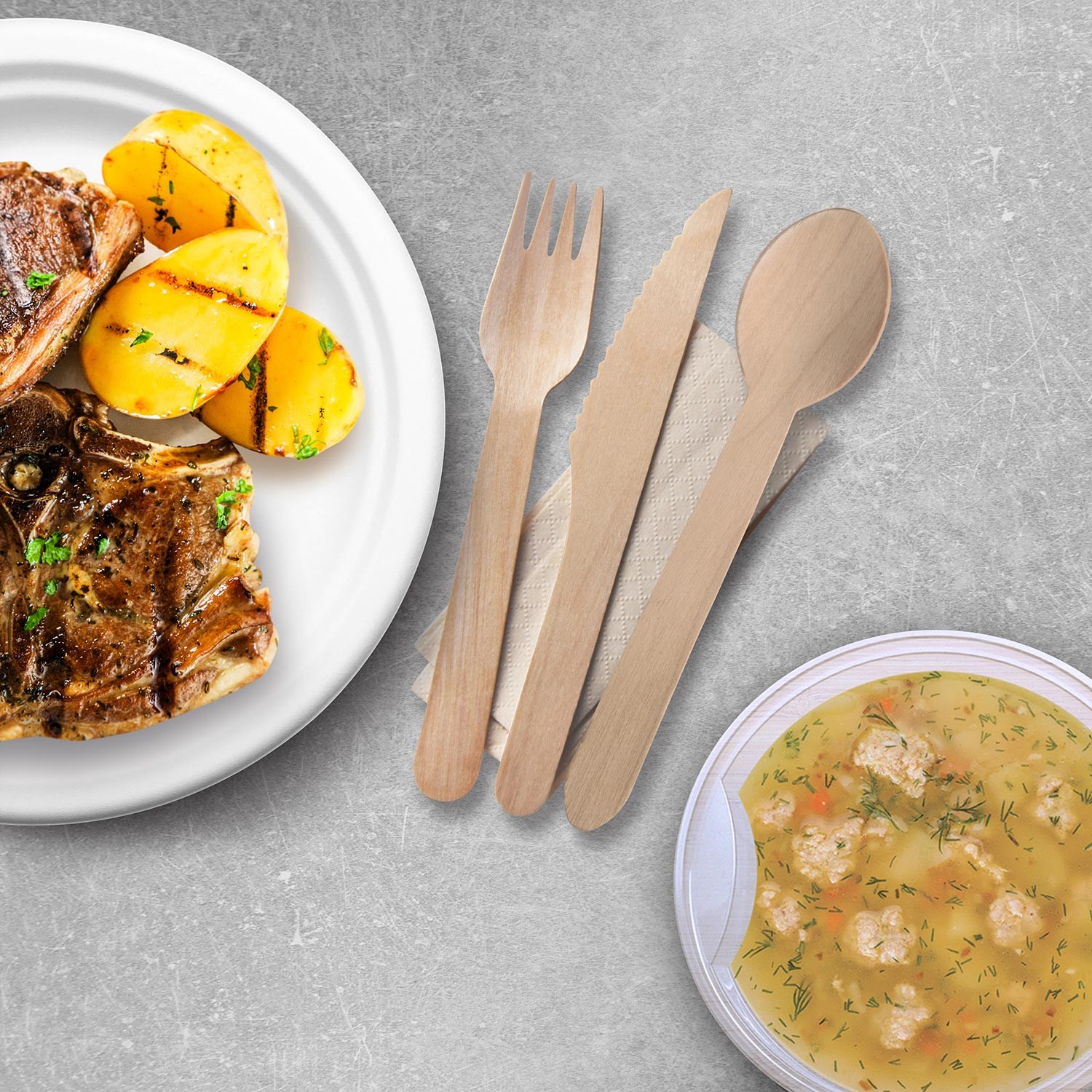 sada dřevěných příborů (nůž,vidlička,lžíce,ubrousek), 50ks