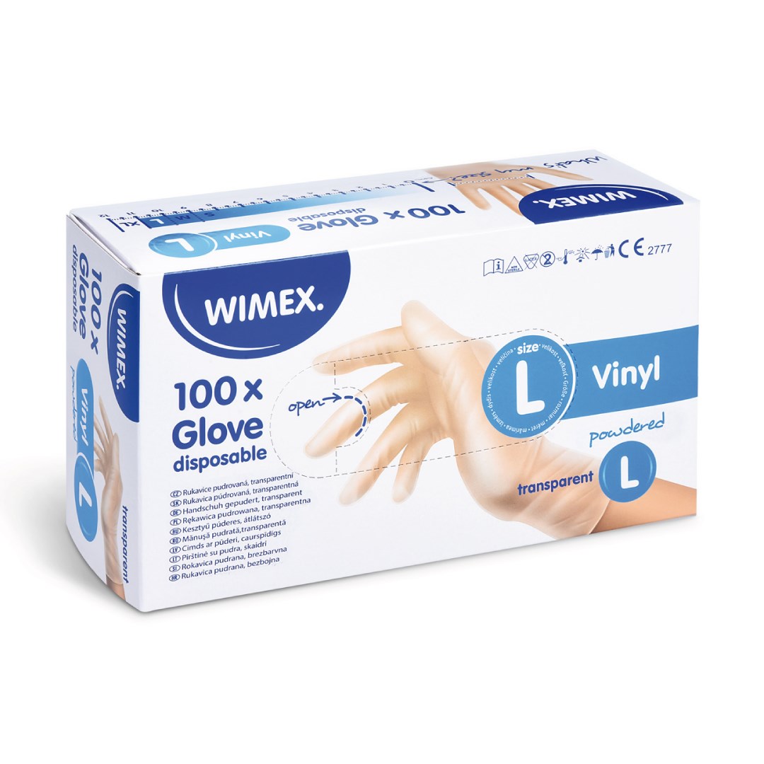 Vinilové rukavice velikost L, 100 ks, bílé, pudrované